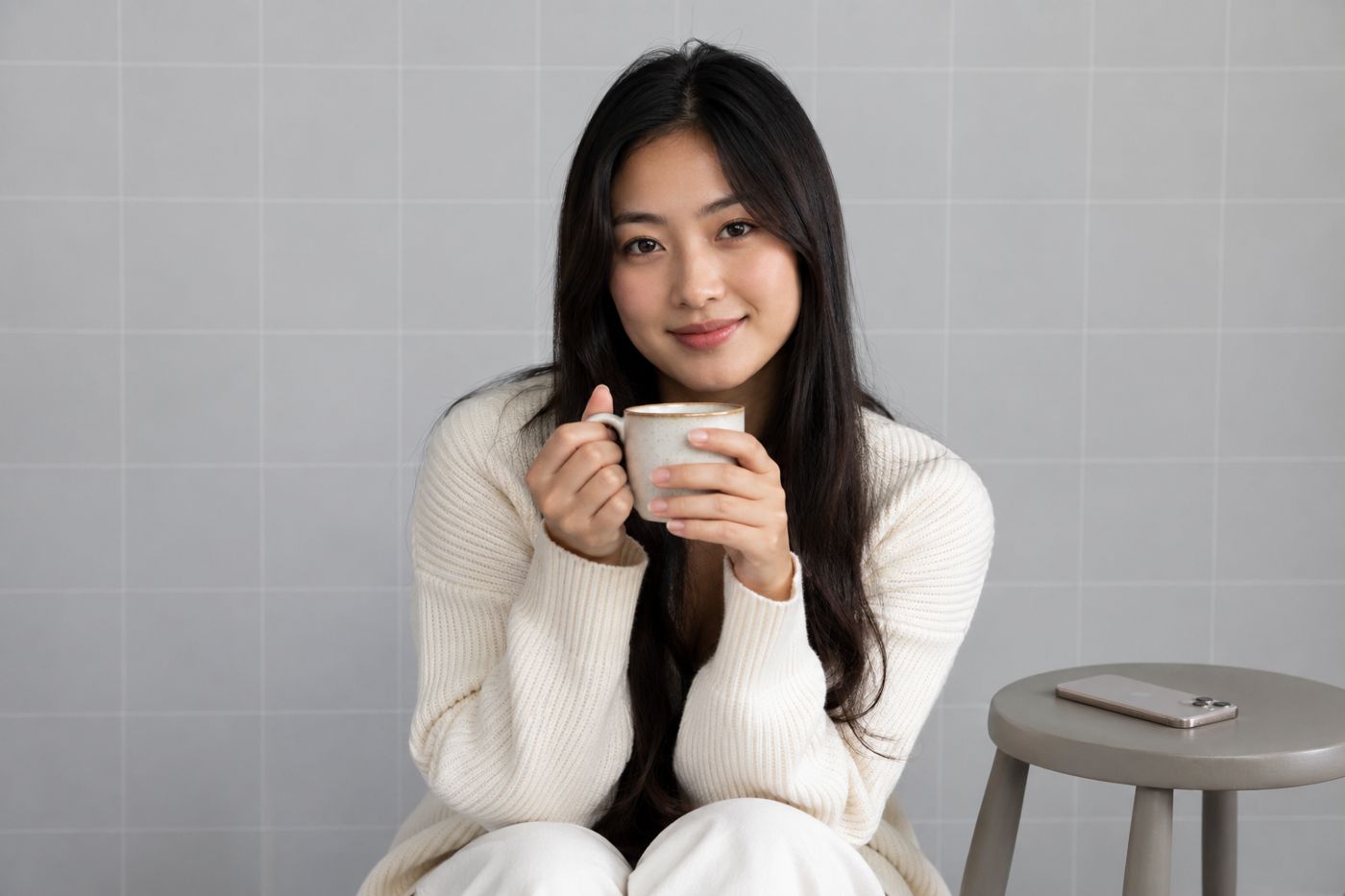 Jeune femme calme qui tient une tasse chaude à deux mains