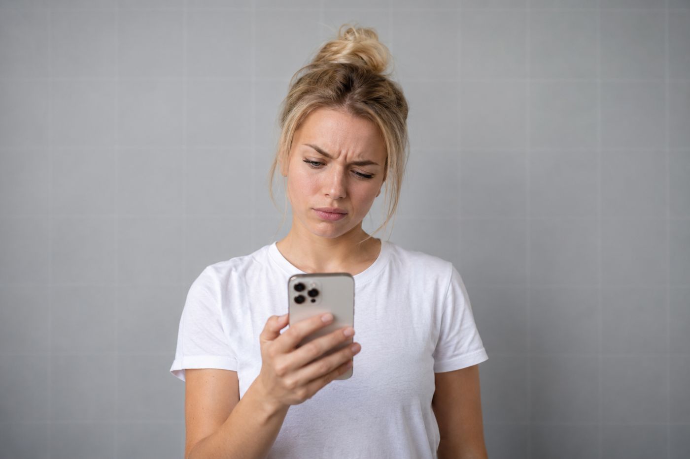 Jeune femme perplexe, un sourcil levé, devant son iPhone