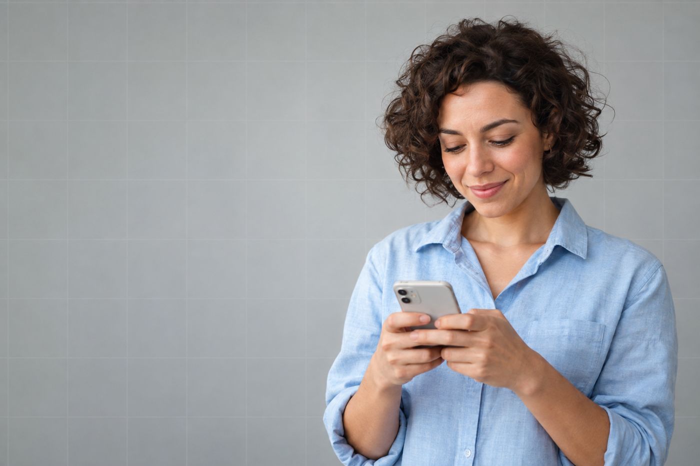 Jeune femme qui tape calmement une réponse sur son iPhone, un léger sourire