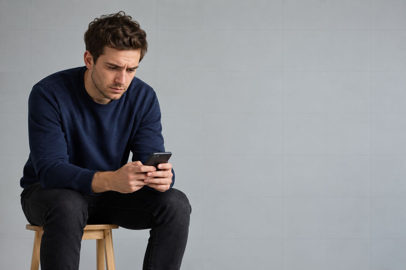 Jeune homme assis sur un tabouret, téléphone en main, qui attend une réponse