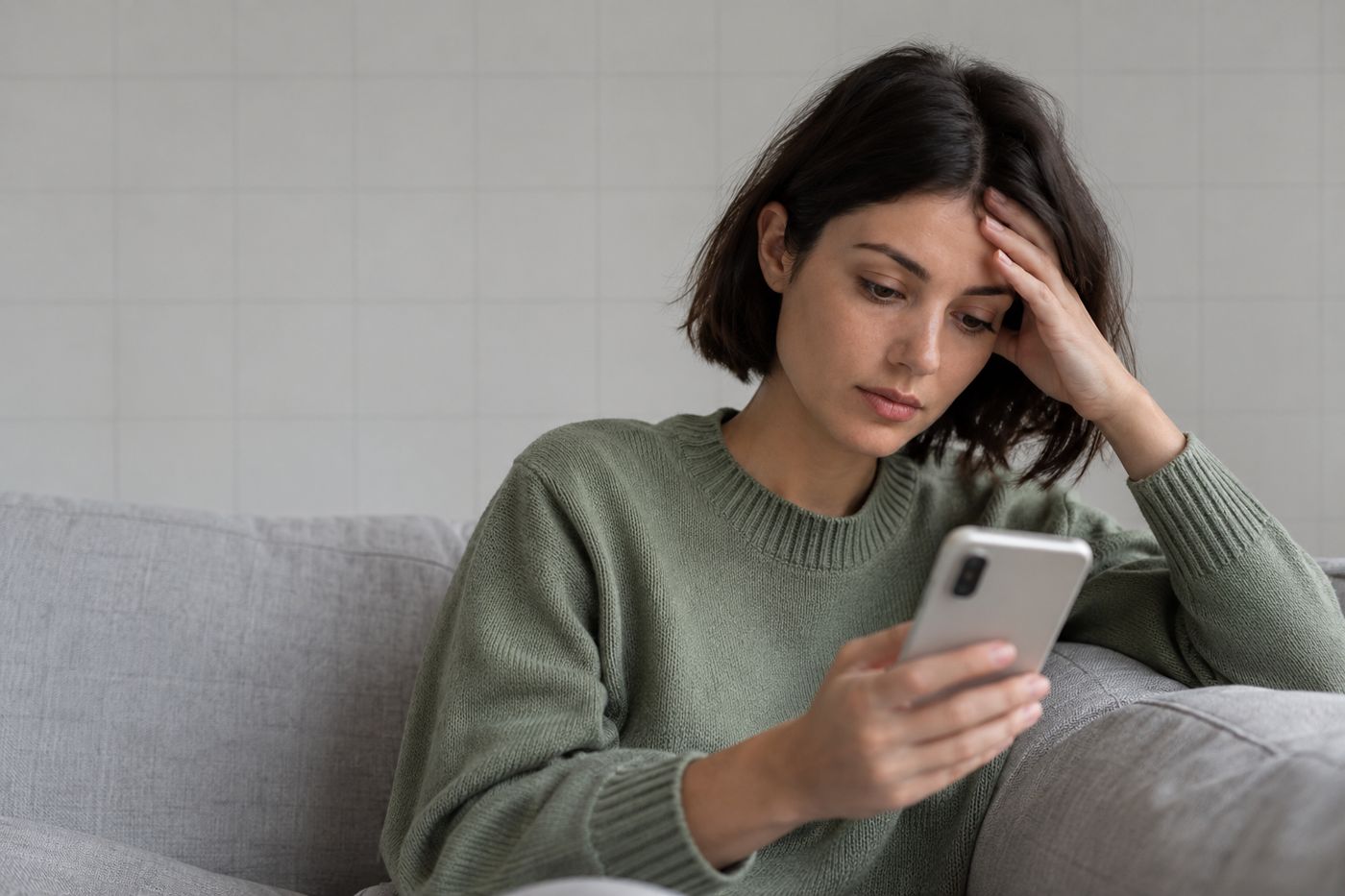 Jeune femme qui relit un message sur son iPhone, la main sur le front