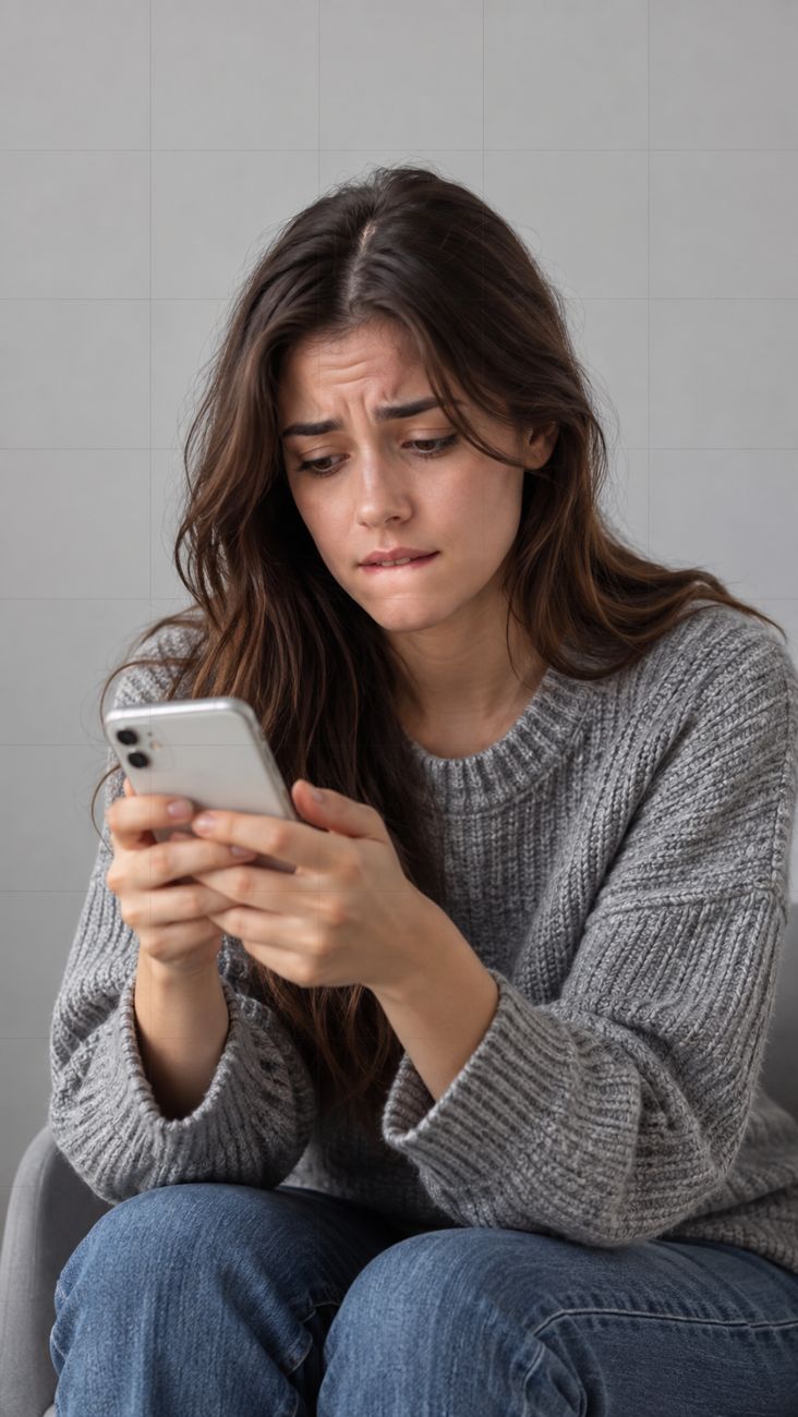 Une jeune femme inquiète relit un message sur son iPhone